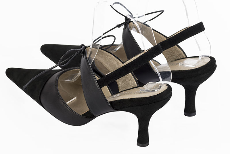 Matt black women's open back shoes, with an instep strap. Pointed toe. High slim heel - Florence KOOIJMAN